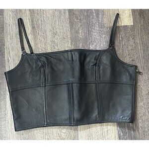 Vtg First Genuine Leather Bustier Top XL Black Corset Zip Tank Y2K Festival Goth